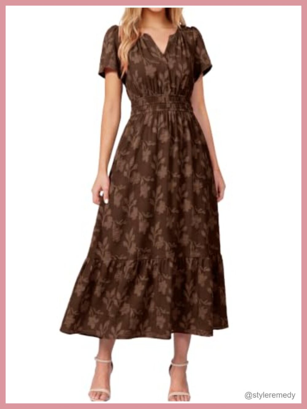 Boho Floral Maxi Dress V-Neck Short Sleeve Empire Waist A-Line Pockets
